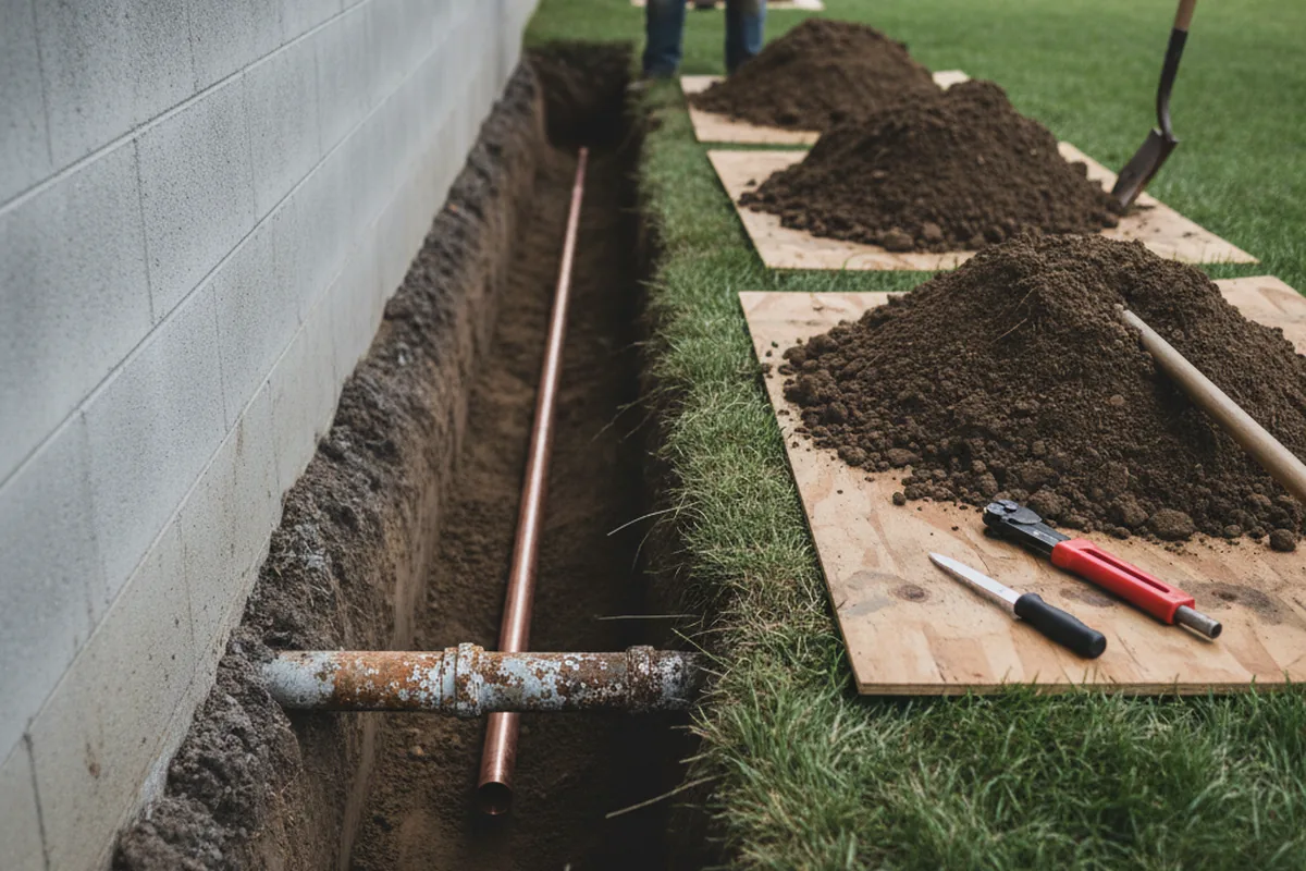 Excavated water line trench during Sewer Line Repair in Mont Clare